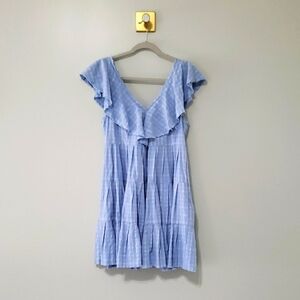 Fate Mini Dress Medium Plaid Blue White Ruffle Cap Sleeve Pockets Tiered Smocked
